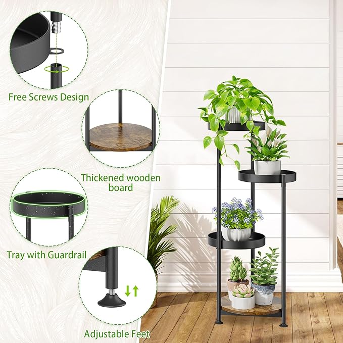 Plant Stand Indoor Outdoor Clearance, 4 Tier Metal Tall Flower Shelf Holder, Multiple Plant Round Corner Rack Organizer Display for Patio Orchid Office Porch Living Room Garden Balcony, Black Oppro