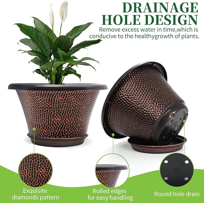 Quarut 12 Inch Pots for Plants,4 Pack Large Flower Pots with Drainage Hole & Saucer,Modern Planters for Indoor Outdoor Plants,Decorative Resin Garden Pots Brown Quarut