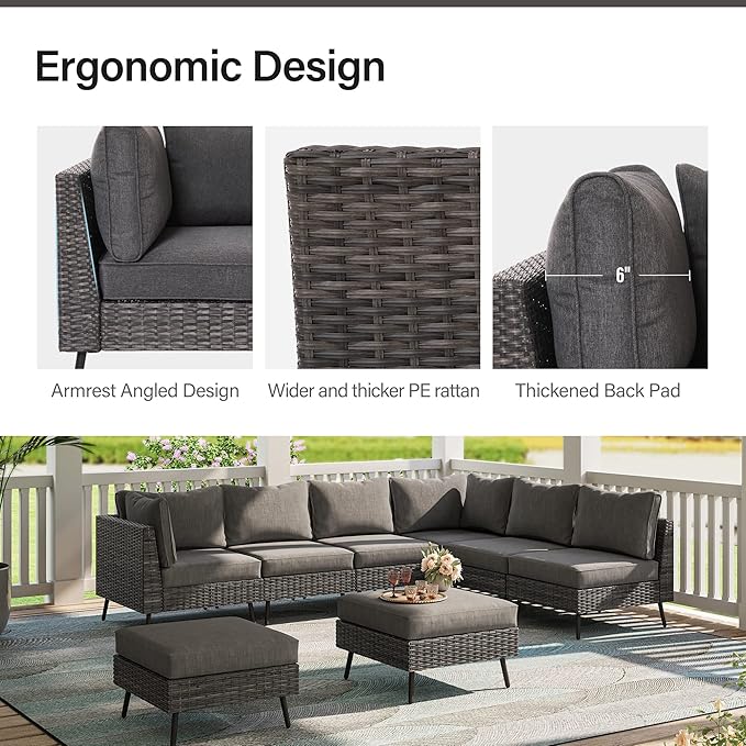 LAUSAINT HOME 8 Piece Outdoor Sectional Sofa PE Rattan Patio Conversation Sets, All Weather Patio Furniture Set with Thick Cushions for Garden, Poolside, Backyard (Grey) LAUSAINTHOME
