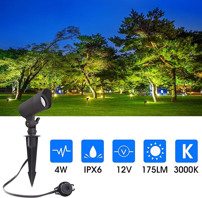 LED Landscape Lights with Connectors, 12V Low Voltage, Warm White 3000k, 4W, 175LM, Outdoor Waterproof Garden Pathway Lights Wall Tree Flag Spotlights with Spike Stand, 6 Pack EENERGETICLIGHTING