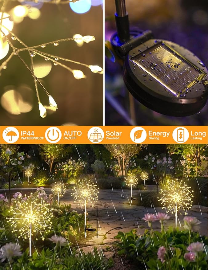 suddus Solar Garden Lights Outdoor Waterproof Decorative, 4Pack 150LED Firework Lights, Solar Fairy Lights for Yard, Garden, Party, Patio, Pathway, Flowerbed, Wedding - Warm White SUDDUS