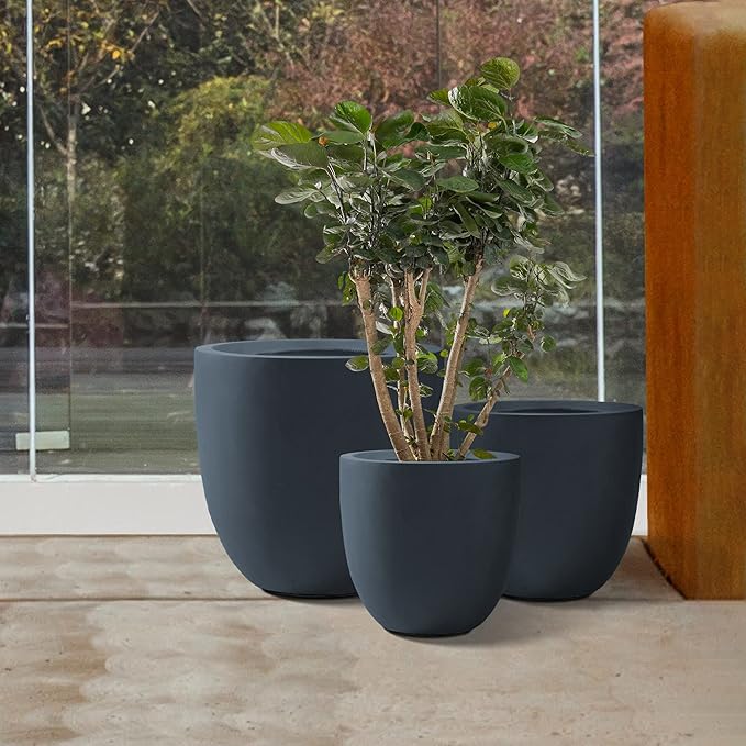 Kante 20",16.5",13.4" Dia Round Concrete Planters (Set of 3), Outdoor Indoor Modern Decorative Plant Pots with Drainage Hole & Rubber Plug for Home & Garden, Charcoal Kante