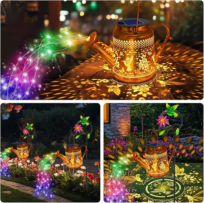 2 Pack Solar Lanterns Outdoor Waterproof,Hummingbird Watering Can Garden Decor,Hanging Solar Path Lights Yard Art,Outside Patio Decorations Gardening Christmas Gifts for Mom Grandma Women (with Hook) YJFWAL