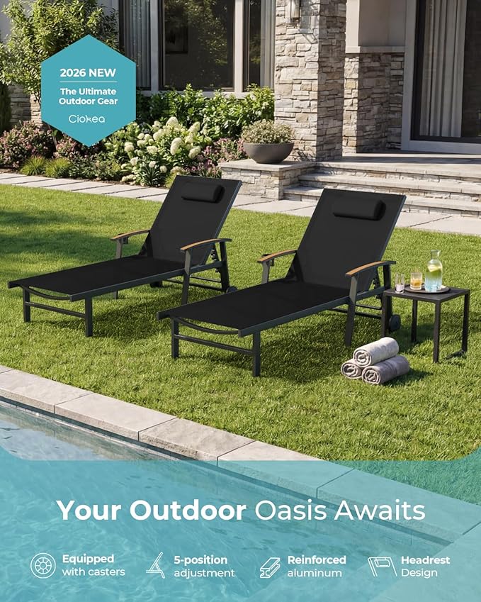 Ciokea Outdoor Lounge Chair with Pillow, 5-Position Aluminum Chaise Lounge with Wheels & Armrests, 400 lbs Heavy Duty Patio Pool Chair for Deck, Backyard, Beach & Poolside, Black CIOKEA