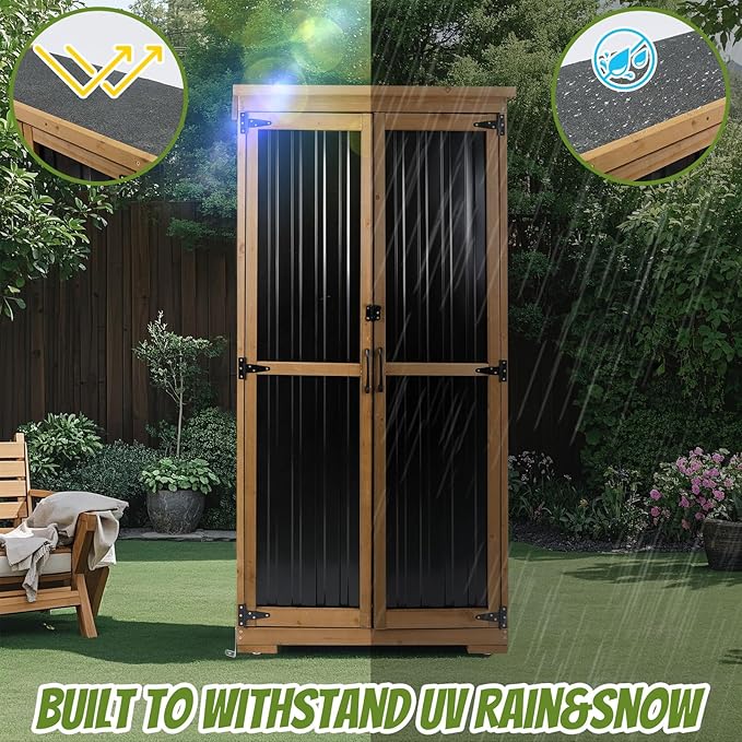 Outdoor Storage Cabinet with Shelf, Wood & Metal Storage Shed with Waterproof Roof & Lockable Doors,Tall Outdoor Cabinets for Patio Backyard, Gardening Tools and Accessories, Brown MAGAZOOPET