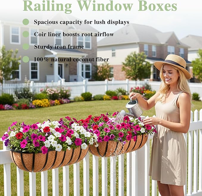 English Inviting Horse Trough Balcony Planter With Coconut LinerMetal Wall-Mounted Planter Box Deck Window Box 16 Inch (2 Pack) EIMQUVW