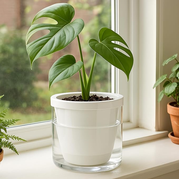 D'vine Dev 6 Inch Design Self Watering Planter for Indoor Plants, White Terracotta Pots with Cylinder Glass Cup, Set of 2, 37-Y-B-2 DvineDevPlanterPotsandStand