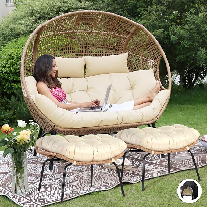 NICESOUL Indoor Outdoor Double Egg Chair with Ottoman Padded Cushions, 57.1" Plus Size XL Wicker Lounge Chair Deep Seating with Footrests, 2 Person Loveseat for Patio Porch Balcony Cream Beige NICESOUL