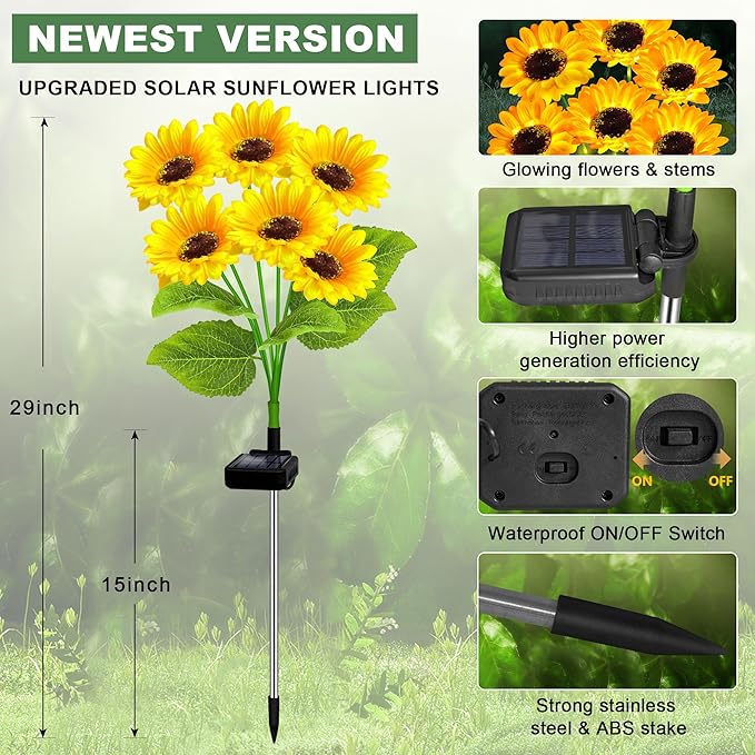 2 Pack with 12 Sunflower Solar Lights Outdoor Garden Decor,Solar Flowers Lights Waterproof,Sunflowers Gifts for Mom Women Grandma Birthday,Decorative Stakes Lights for Landscape Yard Patio Lawn EDOF