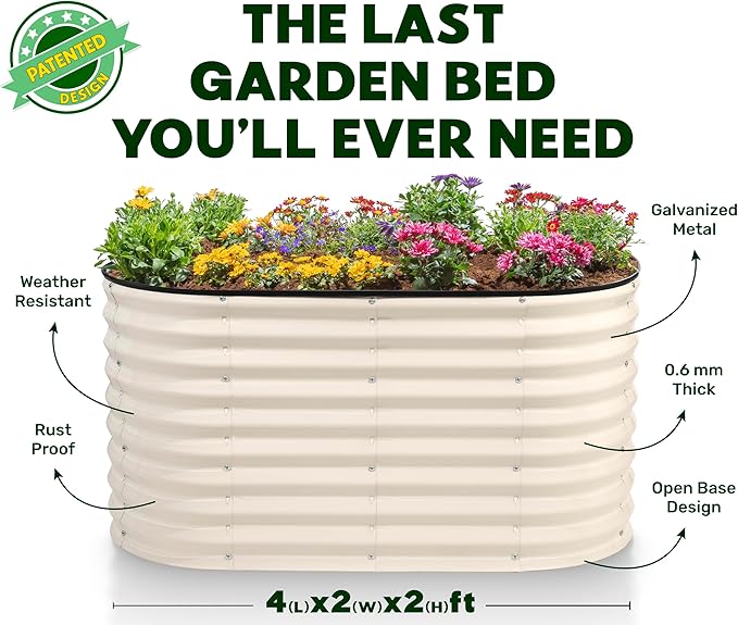 Plant & Plot Galvanized Raised Garden Beds Outdoor // 4×2×2 ft Planter Raised Beds for Gardening, Vegetables, Flowers // Large Metal Garden Box (White) // Patented Tool-Free Design PlantPlot