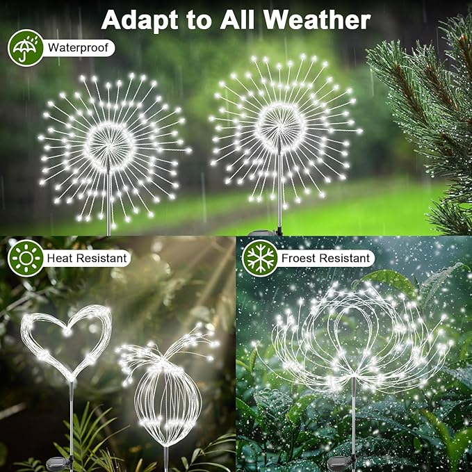 Solar Garden Lights Outdoor, 2 Pack 120 LED Twinkling Firework Lights Decorative with 2 Modes, Outdoor Waterproof Solar Starburst Light for Outside Yard Pathway Garden Decor, White Yaafen