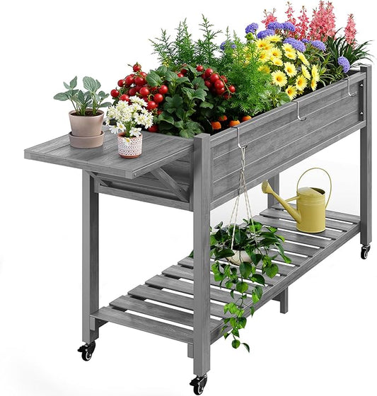 YEFU Raised Garden Bed with Legs: 57x18x30in Weight Capacity 400lb - Waterproof Raised Planter Box with Wheels - Elevated Garden Bed with Storage Shelf - Weather Resistant - for Deck/Patio/Porch/Grey YEFU