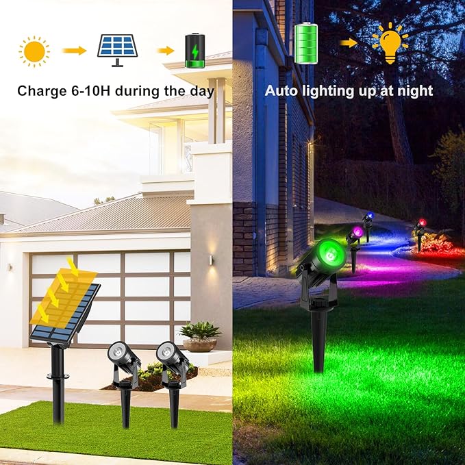 T-SUNUS RGB Solar Spot Lights Christmas, Metal Color Changing Landscape Spotlights IP65 Waterproof Spotlight 2-IN-1 Separated Panel for Outdoor Uplighting Garden Pathway Trees Flag Pond Yard Halloween T-SUNUSLighting