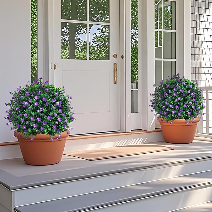 Artificial Boxwood Topiary Tree with Flower, Set of 2 Artificial Shrub Bushes with Ground Spike, Fake Evergreen Tree for Porch, Artificial Plants for Outdoor Planters Indoor UV Resistant FEELTHENEWWORLD