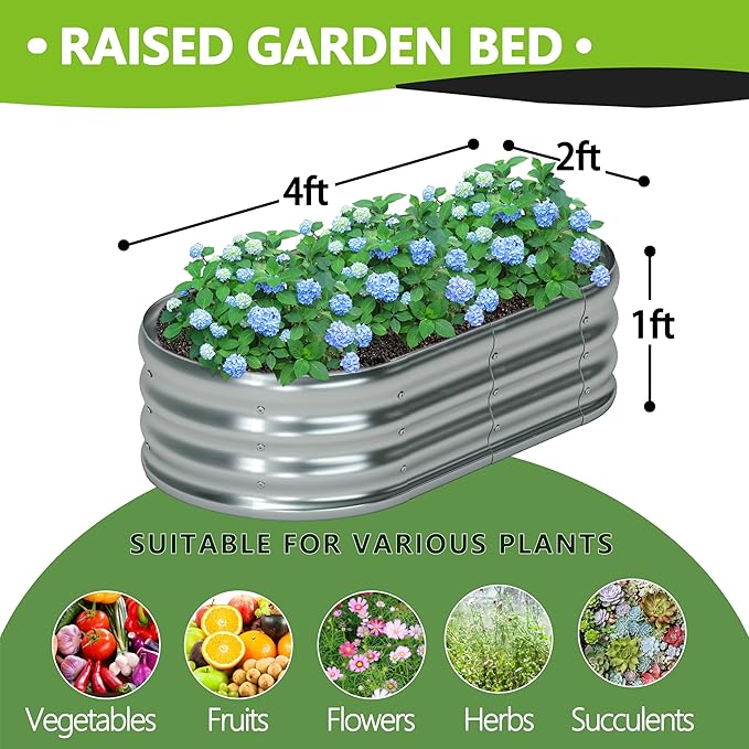 4x2x1ft(2 Pack) Galvanized Oval Raised Garden Bed,Outdoor Planter Box Metal Patio Kit Planting Bed for Vegetables Flowers Herb,Silver Foxlang