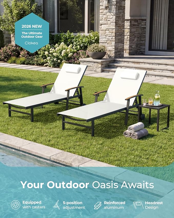 Ciokea Outdoor Lounge Chair with Pillow Set of 4, 5-Position Chaise Lounge with Wheels & Armrests, 400 lbs Heavy Duty Aluminum Pool Lounge Chairs, for Beach, Deck, Poolside & Backyard, White CIOKEA