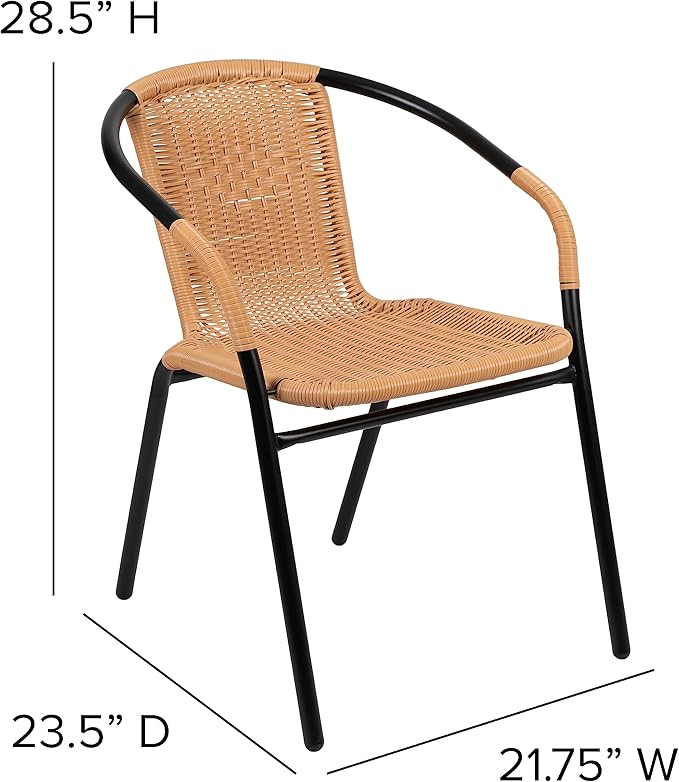 EMMA + OLIVER Set of 4 Modern Rattan Indoor/Outdoor Stack Chairs, Stacking Rattan Patio Chairs with Curved Back and Cross Bracing, Beige EMMAOLIVER