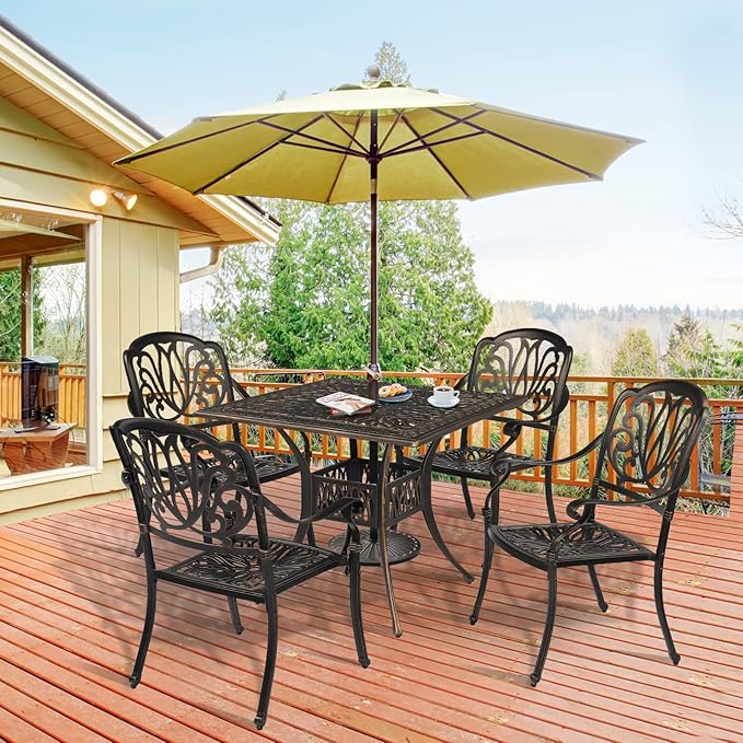 VINGLI Patio Dining Table with Umbrella Hole, Cast Aluminum Outdoor Bistro Furniture for Garden (35.4" Lx35.4 Wx29.5 H) VINGLI