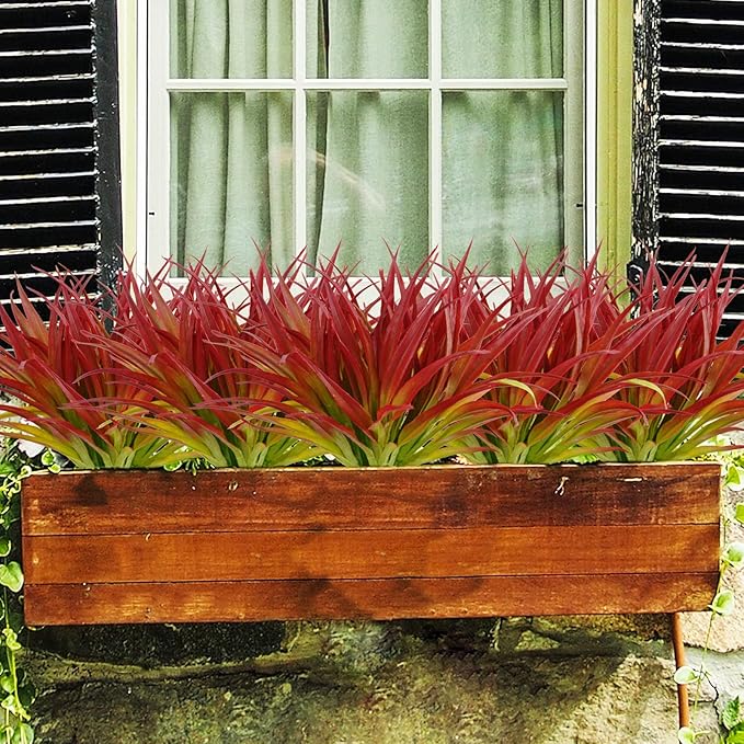 16Pcs Artificial Grass Fake Plants 17.3in Outdoor Plants UV Resistant Greenery Stems Fake Grass for Home Window Garden Office Patio Pathway Front Porch Décor Light Green & Red Phliofd