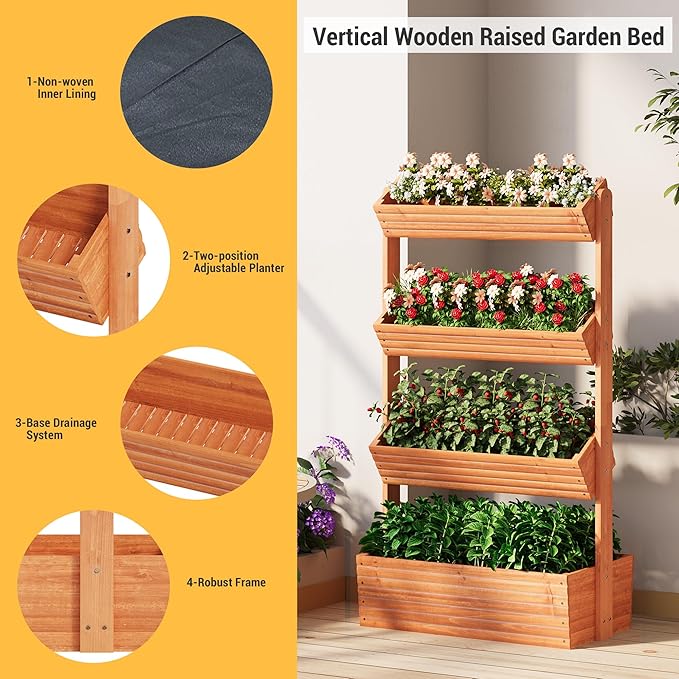 Vertical Wooden Raised Garden Bed Planters Wood Planter Kit Plant Stand Flower Rack Planter Box Gardening for Plants Herbs Flowers Vegetables Outdoor Indoor Freestanding (Orange 4-Tier) RHINEINMIST