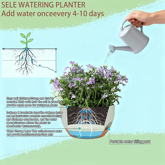 Set of 4-8 Inch Self Watering Hanging Planters for Indoor Outdoor，Hanging Plant Pots with Drainage & Removable Tray, Hanging Pots Holder for Ivy, Pothos, Ferns, Balcony & Patio, Green Brown zople