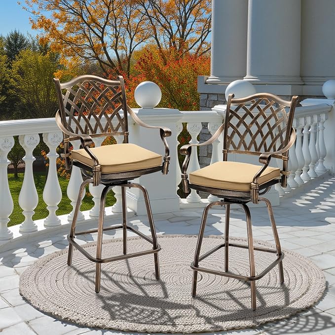 VINGLI Outdoor Swivel Bar Stools Set of 2, Cast Aluminum All-Weather Patio Bar Height Chairs, Patio Bar Dining Chairs Outdoor Swivel Patio Furniture (Grid Back) VINGLI