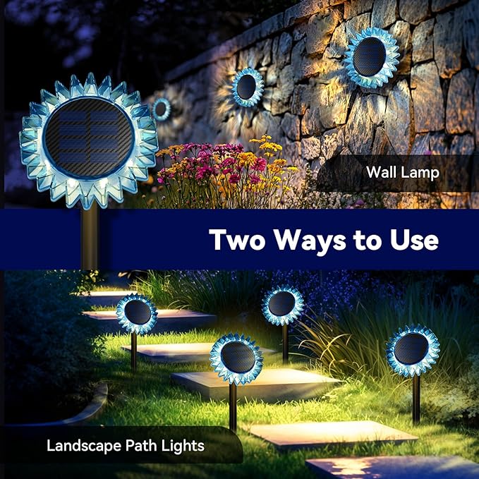 Outdoor Solar Lights, 2 Pack Led Solar Sunflower Lights, Stake/Wall 2-in-1 Waterproof Solar Garden Lights for Yard, Landscape, Fence, Patio, Driveway, Pathway, Backyard Decoration (Warm White) GIUNN