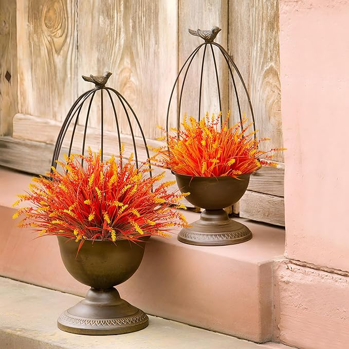 Artificial Fake Plants Flowers for Outdoors Fall Decor, 12 Bundles Fall Leaves Faux Lavender Flowers for Autumn Decoration, Fake Shrubs UV Resistant Planter No Fade for Garden Porch Balcony(Brown) Ammyoo