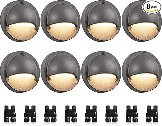 SUNVIE Low Voltage Deck Lights with Fastlock2 Wire Connector 5W LED Landscape Step Stair Lights Outdoor Accent Lighting Garden Post Fence Light 3000K 12-24V AC/DC 3.2FT ETL Listed Cord, 8 Pack SUNVIE