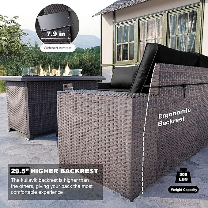 Kullavik 7 Pieces Outdoor Patio Furniture Set with 43" 55000BTU Gas Propane Fire Pit Table PE Wicker Rattan Sectional Sofa Patio Conversation Sets,Black KULLAVIK