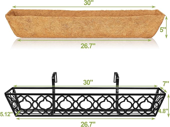 6pcs 30 Inch Window Deck with Coco Liner, 30" Window Boxes Horse Trough with Coconut Coir Liner, Metal Hanging Flower Planter Window Basket Deck Railing Planter Boxes for Outdoor Indoor Lawn LAWYAMAI