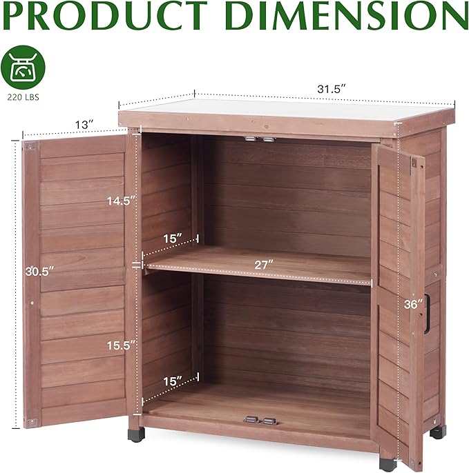 Outdoor Storage Cabinet & Potting Bench Table with Metal Top, Wooden Patio Furniture, Garden Workstation (Royal Brown, 36x31x17in) OutdoorFurniture