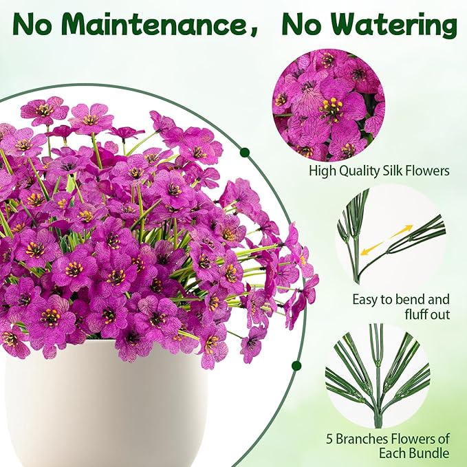 MACTING 24 Bundles Artificial Flowers for Outdoors Fake Flowers UV Resistant Faux Plastic Plants No Fade for Planters Window Patio Porch Home Garden Outside Spring Summer Decorations(Purple) MACTING