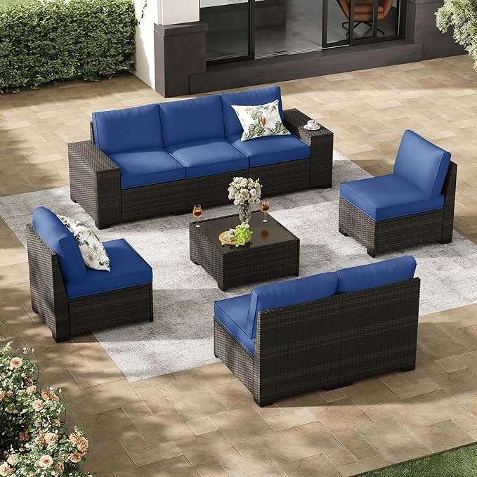 Jing's Villa 8-Piece Patio Furniture Set, All-Weather Outdoor Wicker Sectional Sofa with Cushions, Glass Table & Left and Right Armrest, Rattan Conversation Seating for Porch, Garden, Backyard,Navy JingsVillaOutdoorFurniture