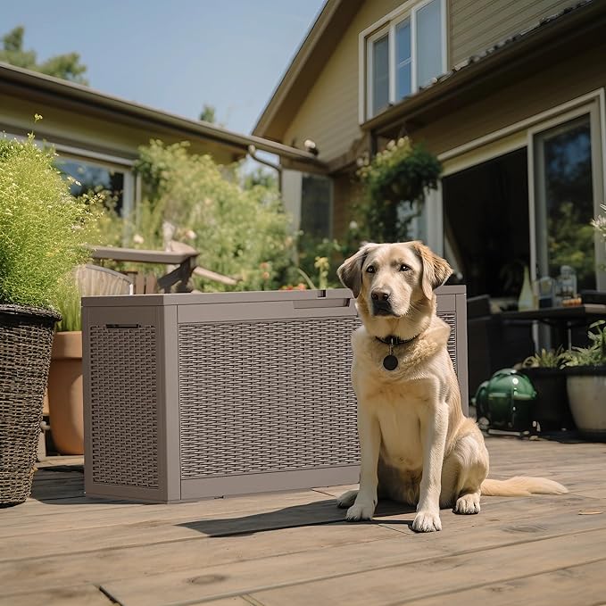 ROJIK Outdoor Storage Housing Deck Box - Waterproof Patio Furniture, Garden Tools, Cushions, Pool Accessories Storage Bench with Lockable Lid and Side Handles (Grey 110 Gal) ROJIK