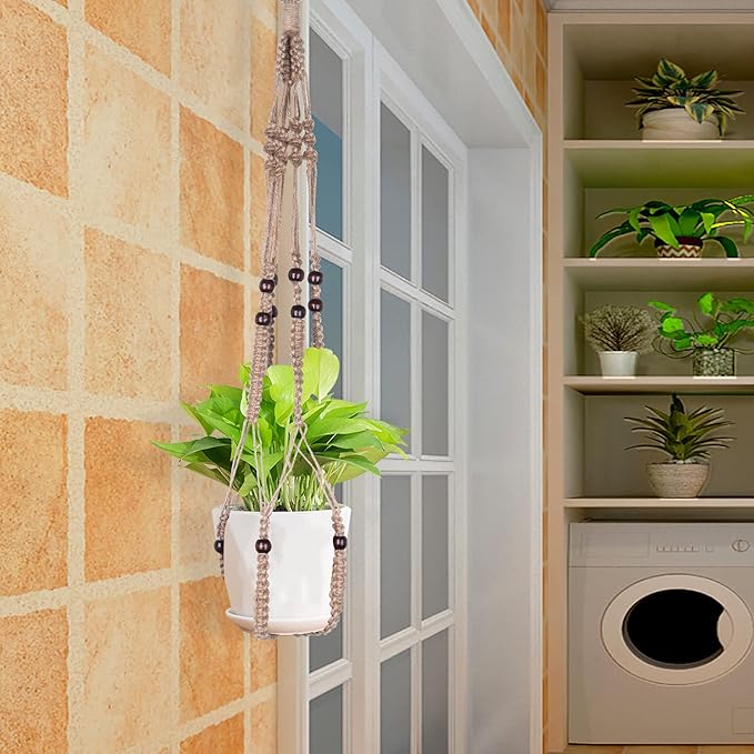 Macrame Plant Hanger Indoor Hanging with Wood Beads Macrame Planters No Tassel for Indoor Outdoor Boho Home Decor 35 Inch(Brown, 2) BlueMake