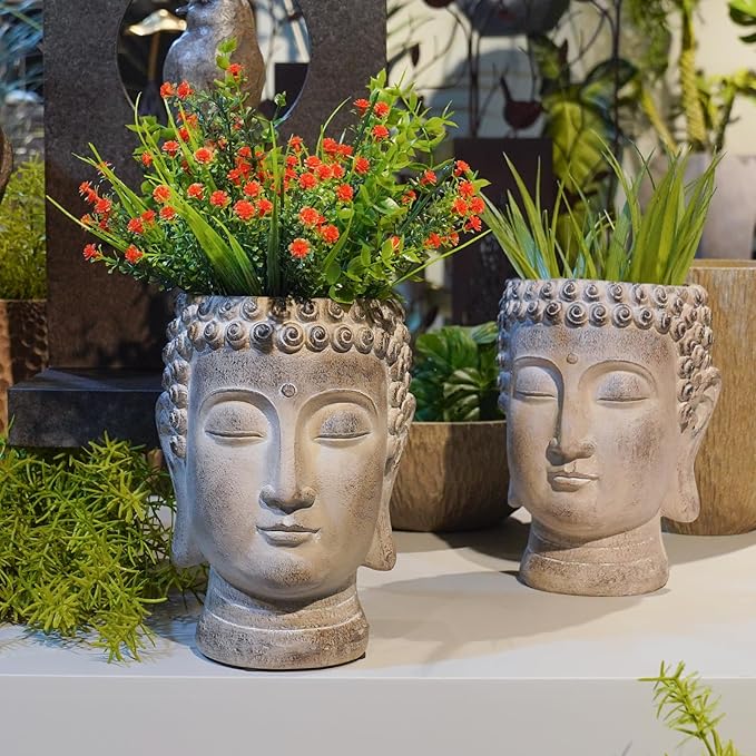 Buddha - Face Flower Pot - Head Planters - Garden Statue - Cactus Succulents Planter Pot Indoor Outdoor Planter with Drainage Hole Unique Garden Farmhouse Decor 6.25*6.5*8.25 Inch Newman House Studio NewmanHouseStudioLLC