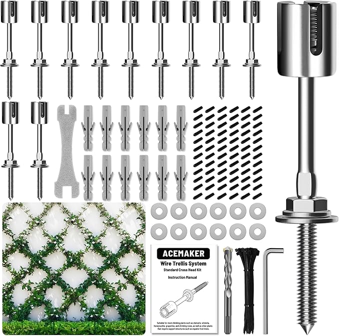 Wire Trellis for Climbing Plants Outdoor, 12 pcs Wall Wire Trellis Kit, T316 Stainless Steel Wall Trellis Kit Espalier Cable Trellis System (Hubs Only, Without Cable) Acemaker