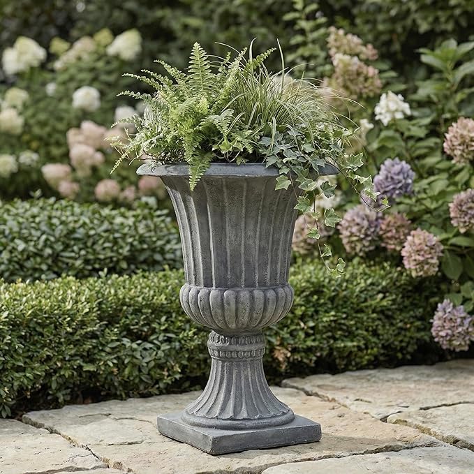Urn Planters 22", Set of 2, Tall Stone-Resin Pedestal Planters for Outdoor Plants, Large Front Porch Decor, Patio Garden Pots, Outdoor Urns for Entryway, Porch & Deck, Grey Plant Pot Austram