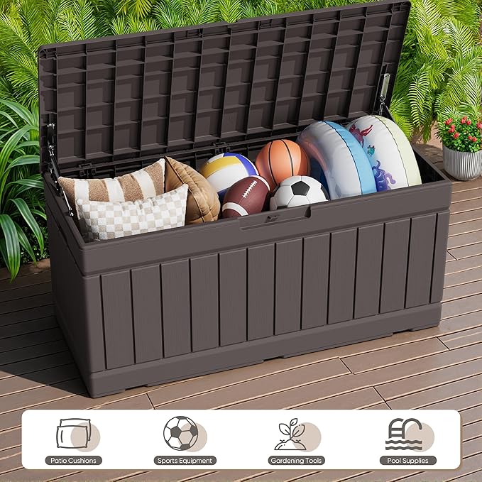 JUMMICO 78 Gallon Outdoor Deck Box Large Resin Storage Box for Patio Furniture Cushions and Garden Tools (Brown) JUMMICO