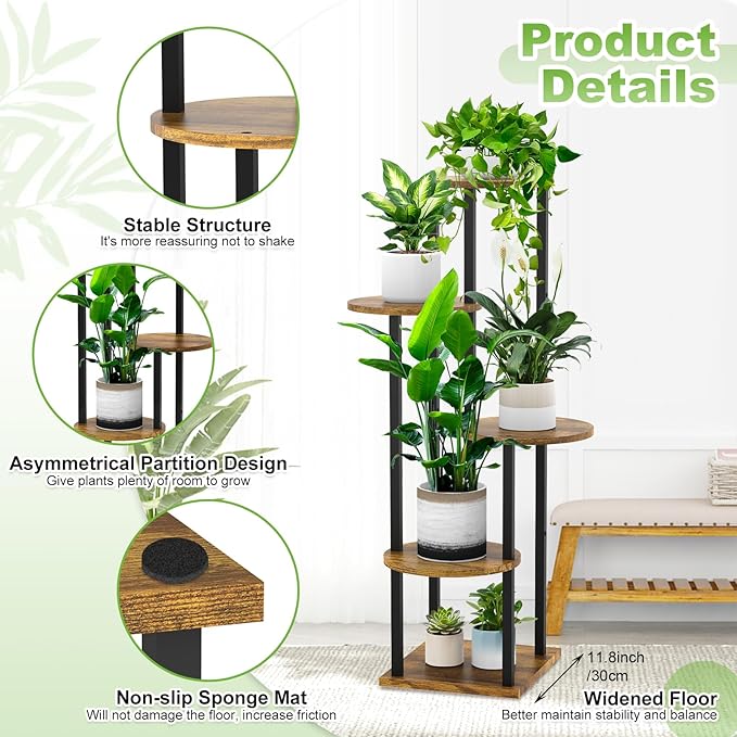 5 Tier Wood Tall Plant Stand Metal Rack Indoor, Multiple Flower Pot Holder Shelves Corner Rack, Round Planter Shelf Display Rack Storage Organizer for Patio Living Room Balcony(Black) YOCOMEY