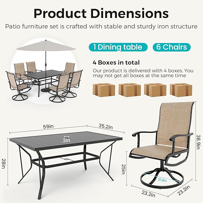 Pamapic 7-Piece Patio Dining Furniture Set with Swivel Chairs, Outdoor Table & 6 Textilene Chairs for Garden, Backyard, Pool, Deck, Beige Pamapic