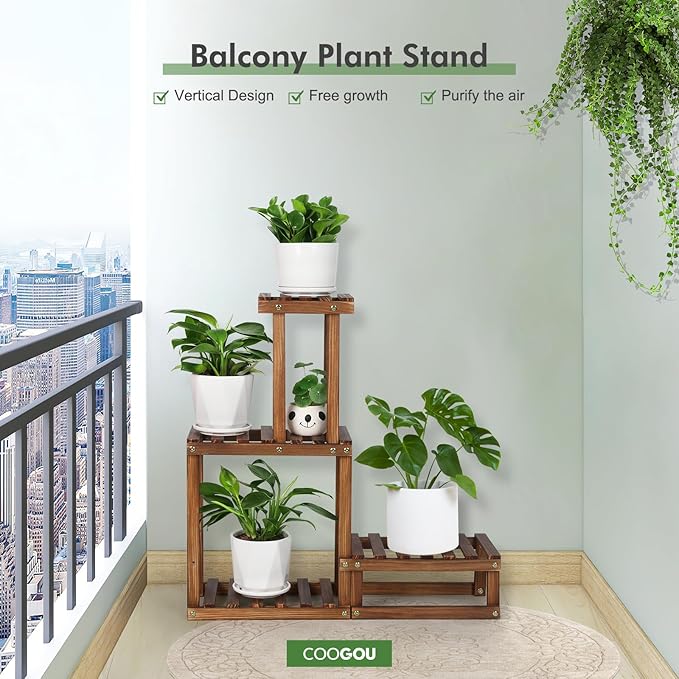 Wood Plant Stand Indoor Outdoor 4 Tiers Plant Rack Corner Planter Shelf Flower Pot Holder for Living Room Garden Patio Yard Porch (Space Saving,27.6”,Small) COOGOU