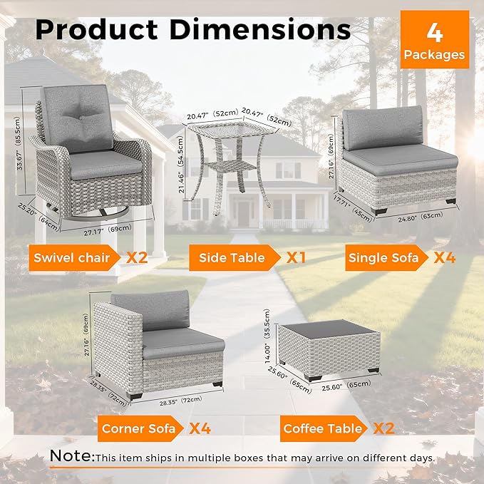 10-Seat Modern Patio Furniture Set with Swivel Rocking Chairs, Thick 4″ Cushions, Dual-Strand Wicker Rattan, Rust-Resistant Steel Frame – Outdoor Conversation & Modular Sectional,Gray MASIONBACKYARDS