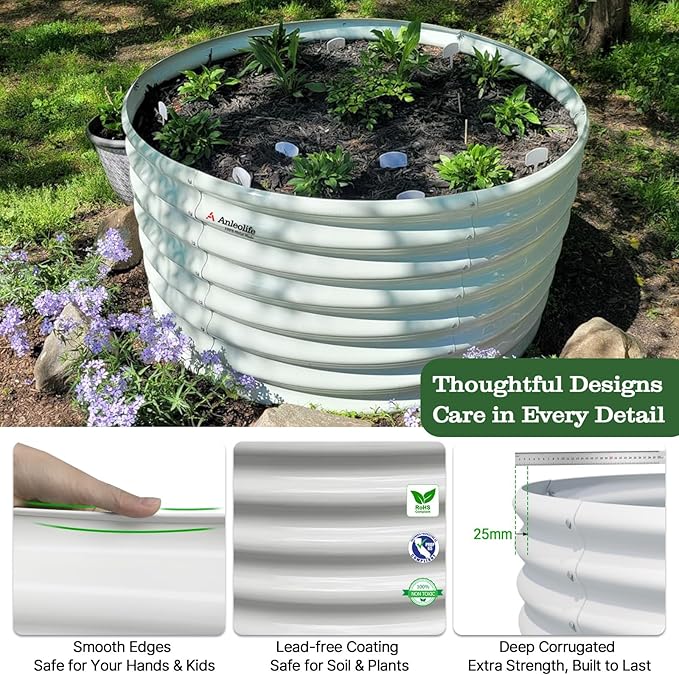 A ANLEOLIFE Set of 6 24 Inch Tall Antique White Raised Garden Beds Kit, Oval & Round Metal Planters – Ideal for Backyard Vegetables Flowers Herbs AAnleolife