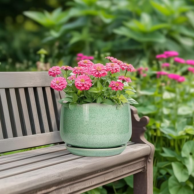 G EPGardening Ceramic Plant Pot - 7 Inch Ceramic Planter for Indoor Outdoor Plants, Flower Pot with Drainage Hole and Tray, Modern Round Planter, Plants Lovers Gifts, Home Garden Decor, Green GEPGardening