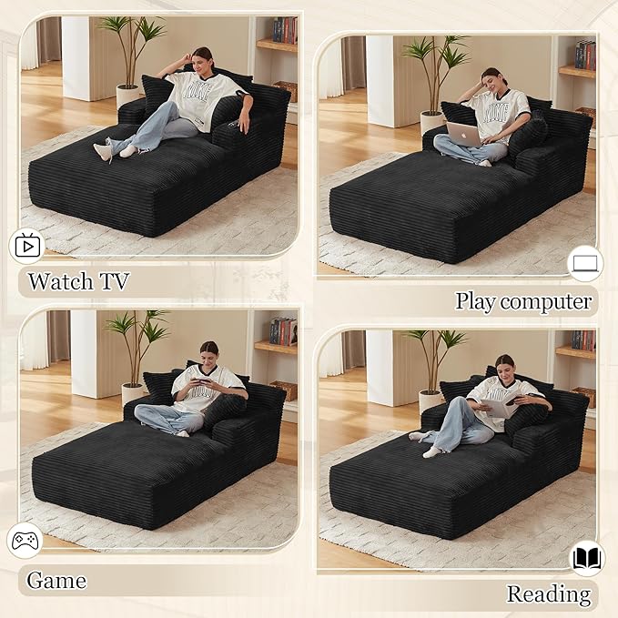 80 Inch Chaise Lounge Chair Indoor, Oversized Corduroy Upholstered Boneless Sofa Bed, Deep Seat Sleeper Couch Reading Chairs, Cloud Sofas Couches for Living Room, No Assembly Required (Black) HANXIN