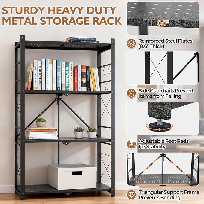 EAGLE PEAK 4-Tier Foldable Greenhouse Shelf, Heavy Duty Metal Storage Rack, No Assembly Steel Shelving Unit, Plant Stand for Greenhouse and Multi-Use Storage, 28”x14.6”x44.7”, 520 lbs, 1 Pack, Black EAGLEPEAK