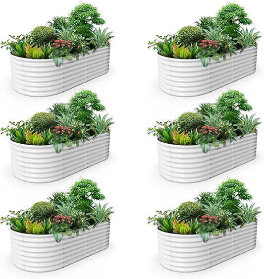 A ANLEOLIFE 6-Set 8X4X2 ft Galvanized Raised Garden Bed Kit, Oval Metal Deep Root Planters for Outdoor Plants, Antique White AAnleolife
