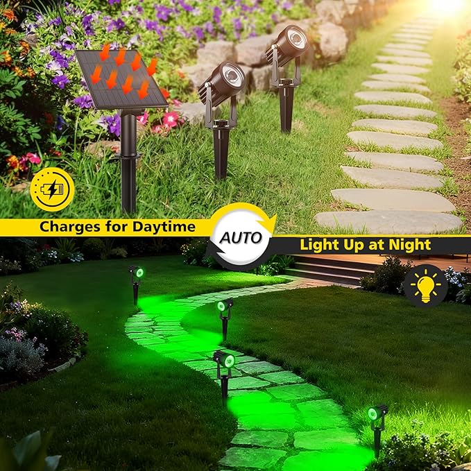 T-SUN Green Solar Spotlights, 2-in-1 Outdoor Waterproof Solar Landscape Spotlights for Garden, Yard, Halloween, Christmas Decor(Green) T-SUN